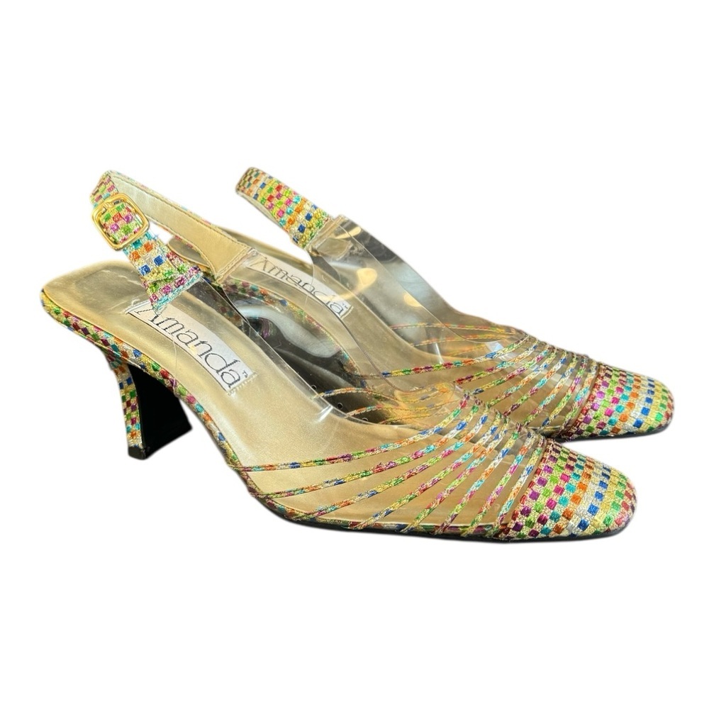 Vintage Gold Rainbow Pumps Clear Metallic Colorful Heels 60s‎ Retro Size 8.5
